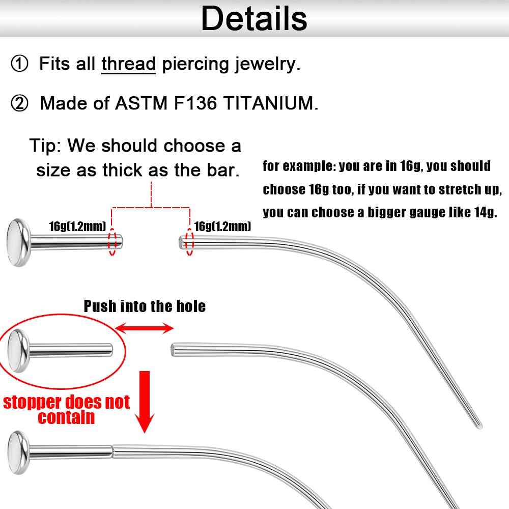 PunkTracker 14g/16g/18g Curved ASTM F136 Titanium Piercing Kit Taper Insertion Pin Tool for Internal Thread Tragus Helix Lip Nose Helix Piercing Jewelry Labret Studs Nose Stud Stretcher
