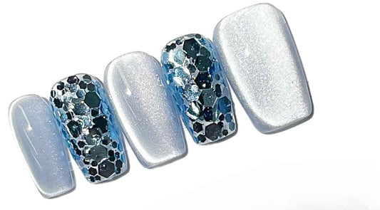 JINGHONG handmade nails,press on nails, cateye polish,amourwa,nail glitters,blue,square, Size-Large