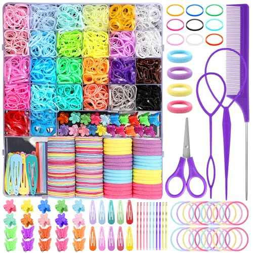 Hair Accessories for Girls, 2194 Pcs Colorful Elastic Hair Ties Set with Rubber Bands Butterfly Hair Clips Bobby Pins Hair Styling Tools Hair Tie Cutter Hair Stuff for Toddler, Baby, Kids
