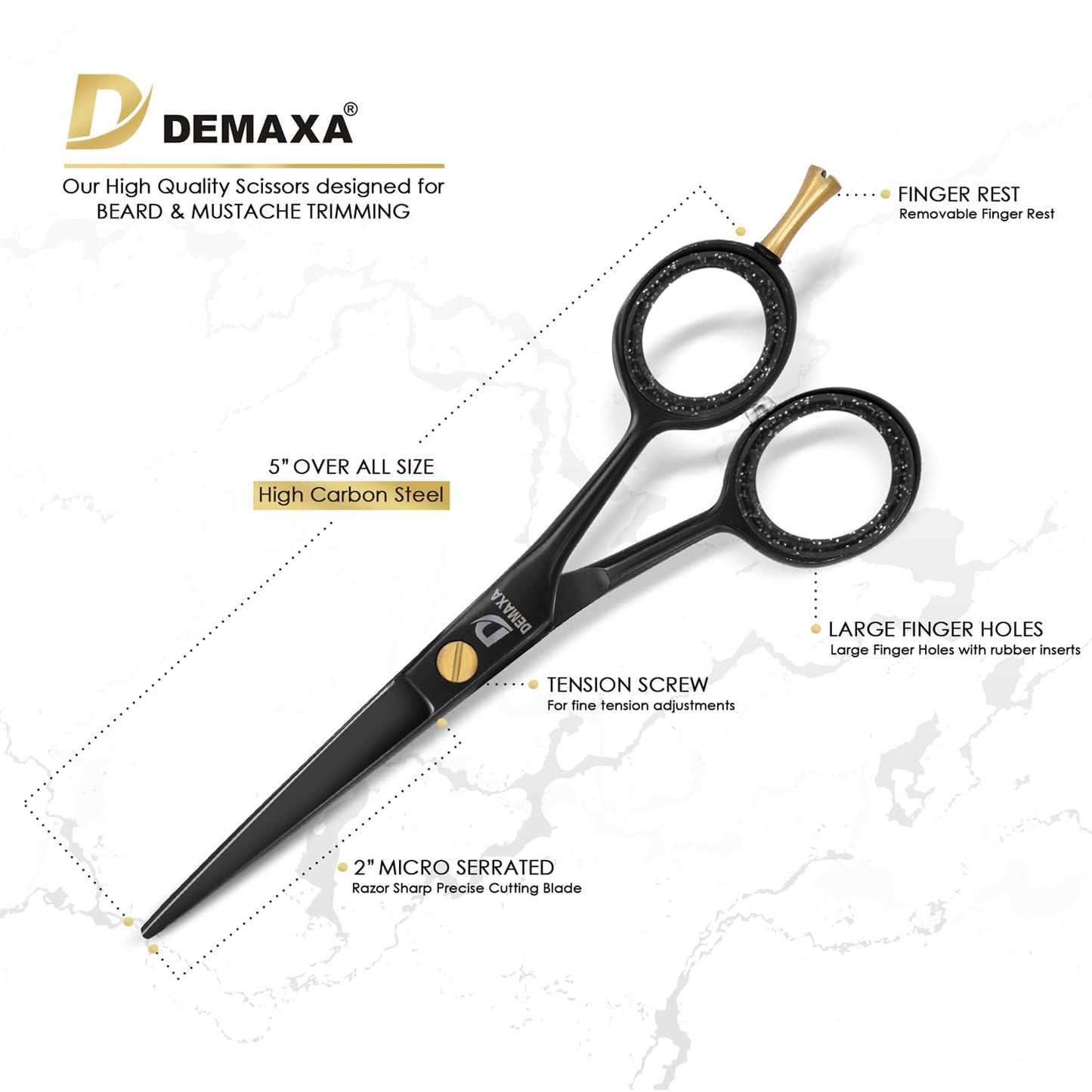 DEMAXA 5" Professional Beard Mustache Scissors with 1 Mustache Comb, 1 Beard Comb & Soft Pouch – Prefect Beard Trimming Scissors for All Facial Hair Scissors – Grooming Scissors Men (Black)