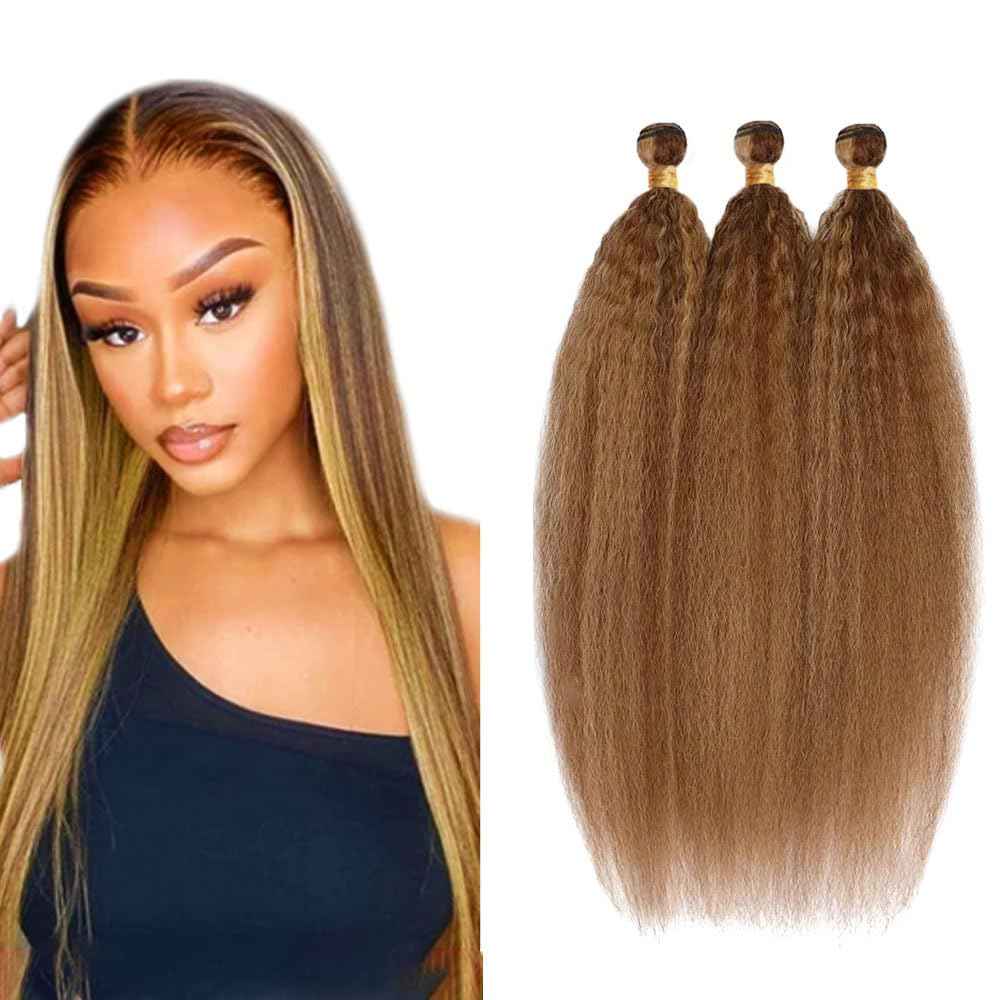 P4/27 Highlight Blonde Bundles Human Hair Yaki Straight Bundles 20 22 24 Inch Human Hair Weave 3 Bundle Unprocessed Brazilian Virgin Hair Brown Kinky Straight Human Hair Extensions 50 Grams/Bundle