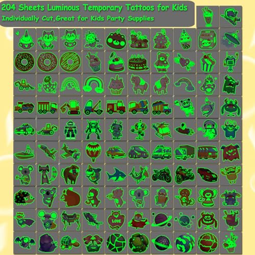 204 PCS Individually Wrapped Luminous Temporary Tattoos for Kids - Glow in The Dark Fun Tattoos for Boys Girls Birthday Party Favors Goodie Bag Fillers