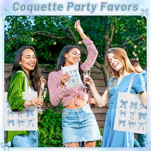 Y1tvei Blue Bows Canvas Bags - 2Pcs Cute Blue Coquette Aesthetic Tote Bag with Inner Pocket, Reusable Grocery Folding Shopping Bag, Bow Knot Zipper Makeup Pouch Gifts for Women Girls Daughter Mother