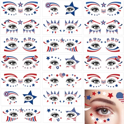 4th of July Temporary Tattoos - 20 Sheets Patriotic Face Stickers