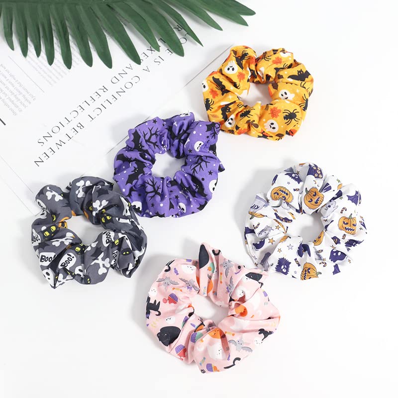 5PCS Hair Ties Halloween Ghosts Bat Spider Web Soft Fall Pumpkin Skull Hair Scrunchies Scrunchy Elastics Hair Bands Gifts Ponytail Holder Accessories for Women Girls (Halloween)