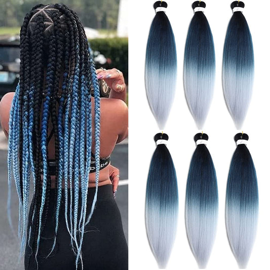 Pre Stretched Braiding Hair Extensions 30 Inch 6 Packs Long Professional Crochet Twist Braids Hair High Temperature Synthetic Fiber Yaki Texture(30",black-dark blue-sliver grey)