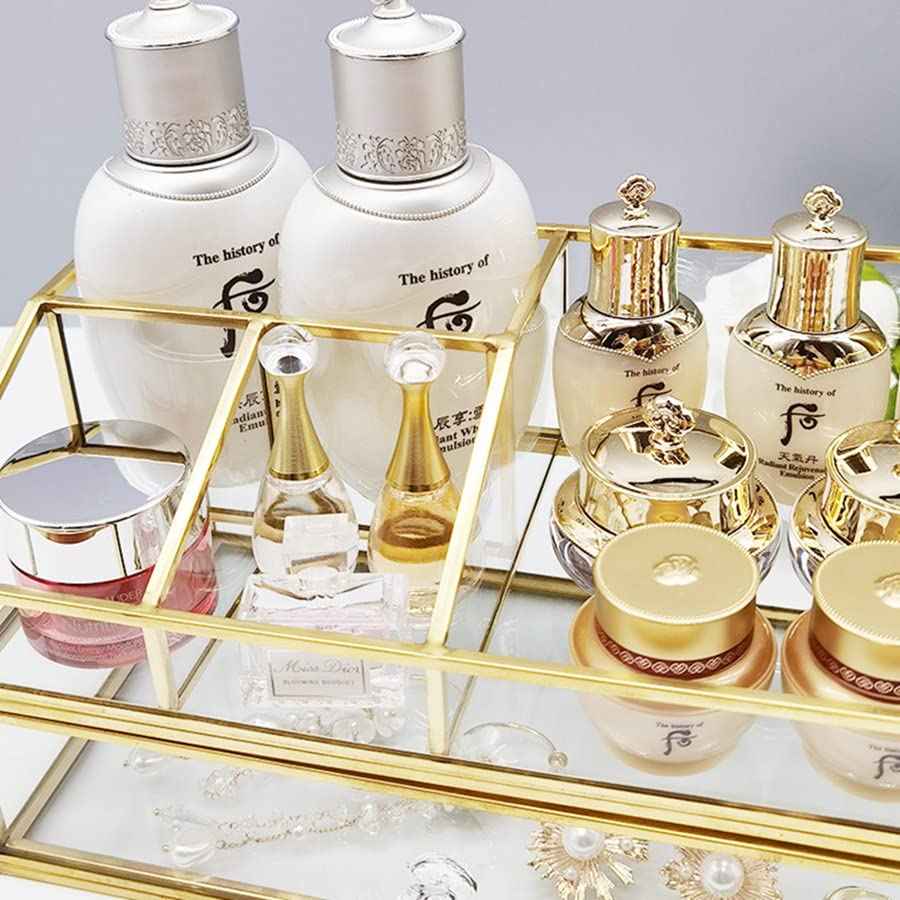 bofeiull Glass Makeup Brush Holder, Makeup Brush Organizer Jewelry Display Box, Nordic Style Elegant Glass Makeup Organizer Nail Polish Lipsticks Eyeliners Holder for Vanity Bathroom Bedroom Office