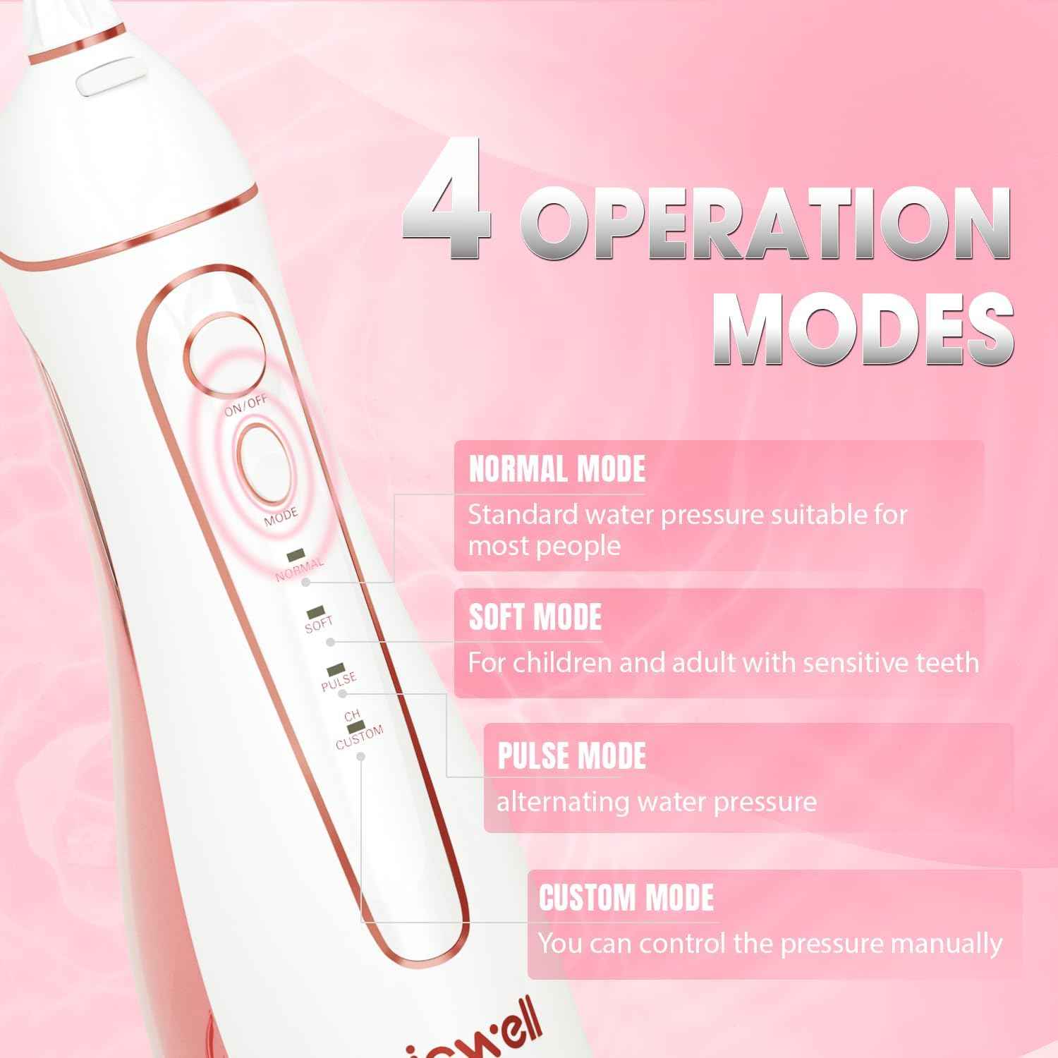 Water Dental Flosser Cordless for Teeth - Nicwell 4 Modes Dental Oral Irrigator, Portable and Rechargeable IPX7 Waterproof Powerful Battery Life Water Teeth Cleaner Picks for Home Travel