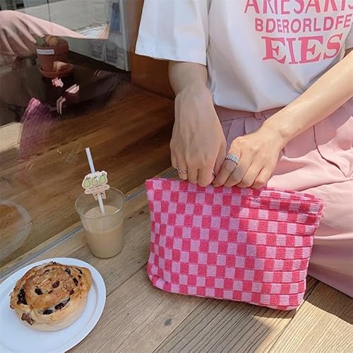 3Pcs Makeup Bag Set for Women, Checkered Cosmetic Bag Travel Toiletry Bags for Purse Large Small Mini Makeup Pouch Zipper Makeup Brushes Aesthetic Accessories Storage Organizer Bag (Pink Set)