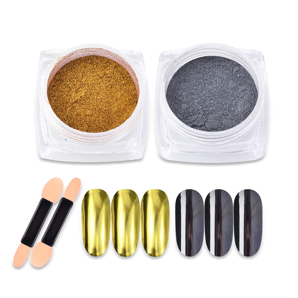 Black Mirror Powder Metallic Chrome Powder,2 Jars Gold Black Nail Art Mirror Glitter Effect Chrome Pigment Powder Dust Manicure Tips with Sponge Applicators