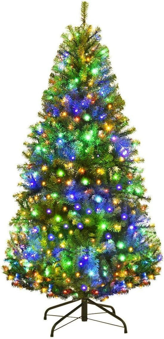 Goplus 4FT Pre-Lit Artificial Christmas Tree, Hinged Spruce Xmas Full Tree with 100 LED Multicolor Lights, 11 Lighting Modes, 300 PVC Branch, Foldable Base, for Indoor Home Office Decoration