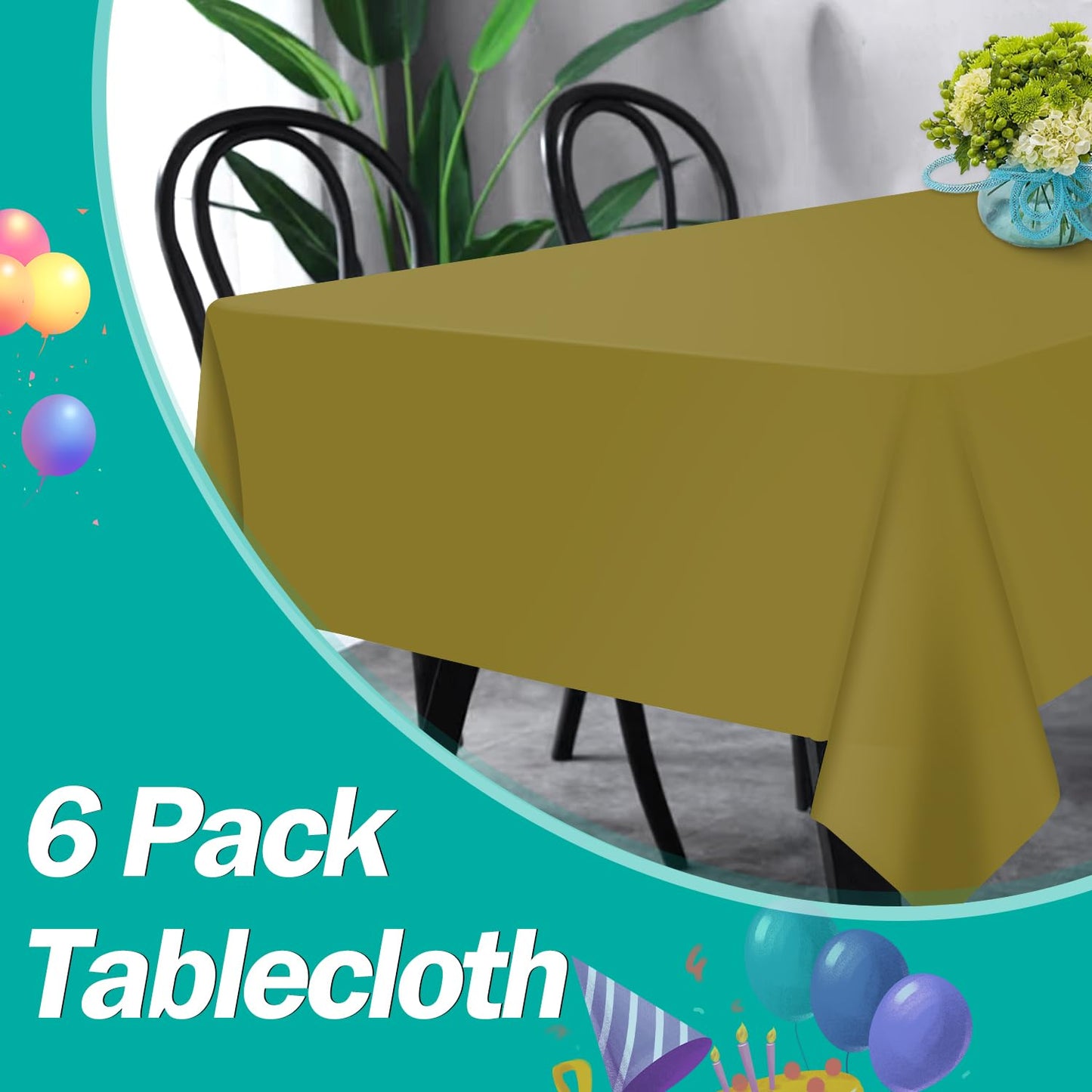 tujol Gold 6 Pack Plastic Table Cloth 54" x 108", Disposable Tablecloths Rectangle Table Cover, Plastic Table Cloths for Parties