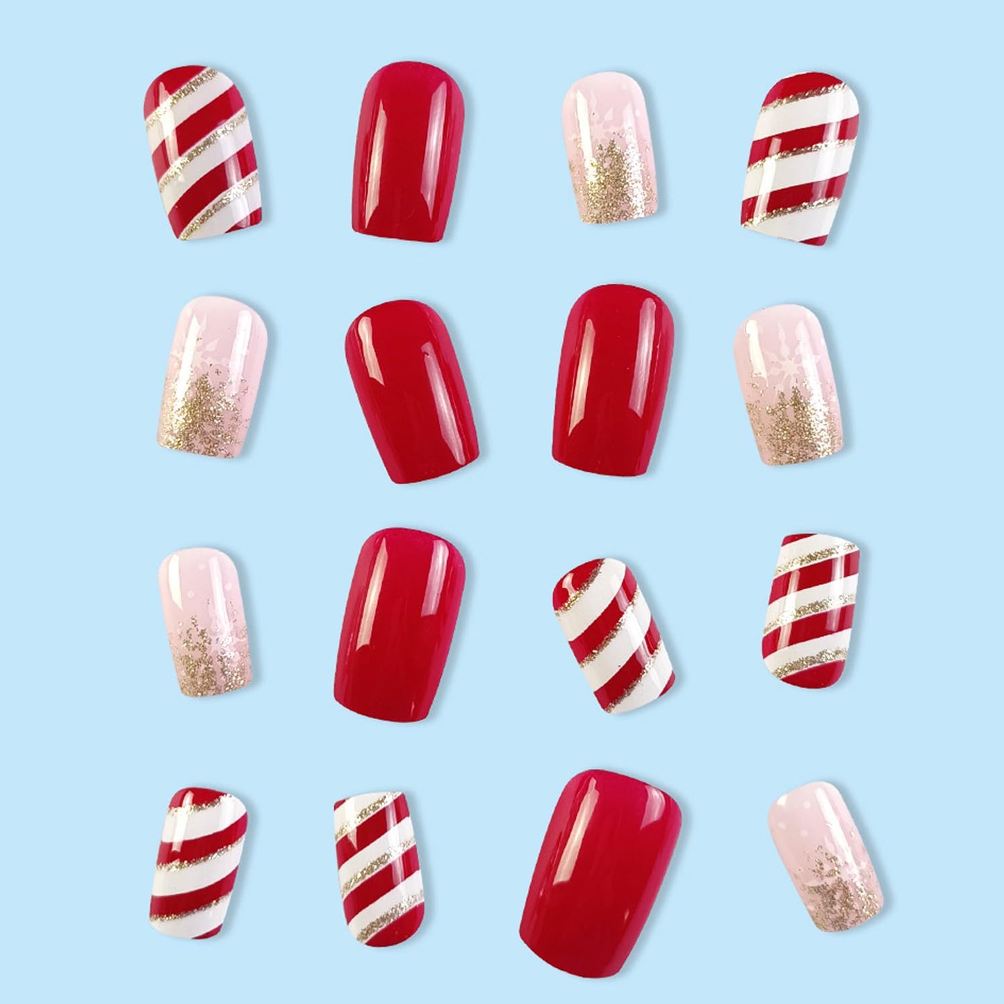 Christmas Press on Nails Medium Snowflake Fake Nails Red and White Stripes Design Winter Xmas False Nails with Glue on Nails Reusable Artificial Nails Stick on Nails for Women DIY Manicure Decoration