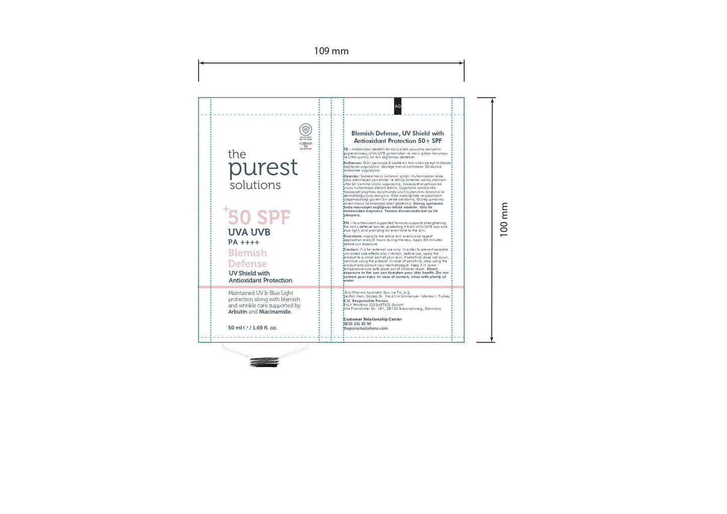 The Purest Solutions Blemish Defense (UV Shield with Antioxidant Protection SPF 50+) - 8h UVA Protection, Arbutin & Niacinamide for Skin Tone Harmonization and Moisturizers - Vegan (50 ml)