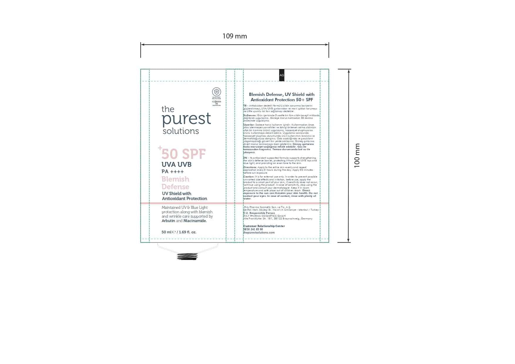 The Purest Solutions Blemish Defense (UV Shield with Antioxidant Protection SPF 50+) - 8h UVA Protection, Arbutin & Niacinamide for Skin Tone Harmonization and Moisturizers - Vegan (50 ml)