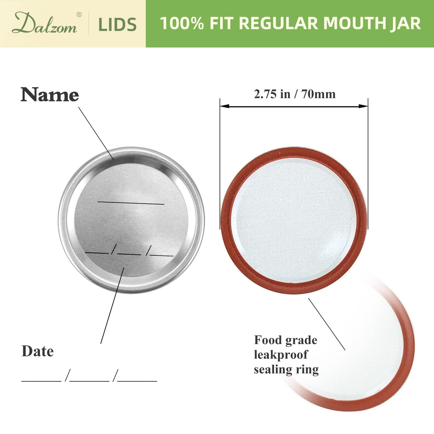 Dalzom® 72Pcs Canning Lids Regular Mouth, Premium Mason Jar Lids for Regular Mouth Ball, Kerr Jars - Food Grade Material, 100% Fit & Airtight for Regular Mouth Mason Jars