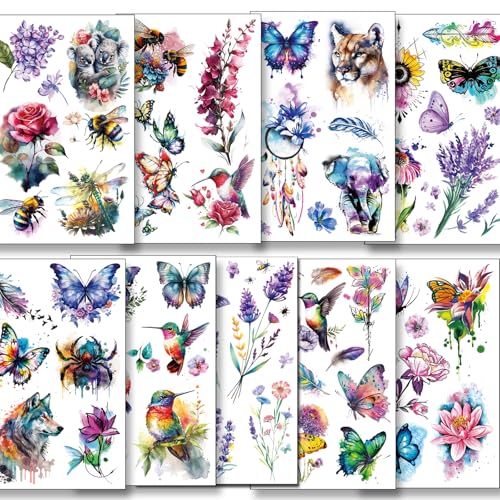 Tazimi 3D Watercolor Temporary Tattoos for Women (9 Sheets)