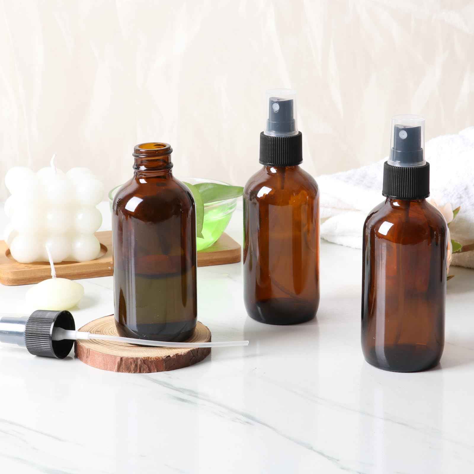 STARSIDE 24 Pack 4 oz Amber Glass Spray Bottles with Fine Mist Sprayer,120 ml Glass Travel Bottles for Cosmetic Essential Oils Cleaning Solutions Perfumes & Liquids