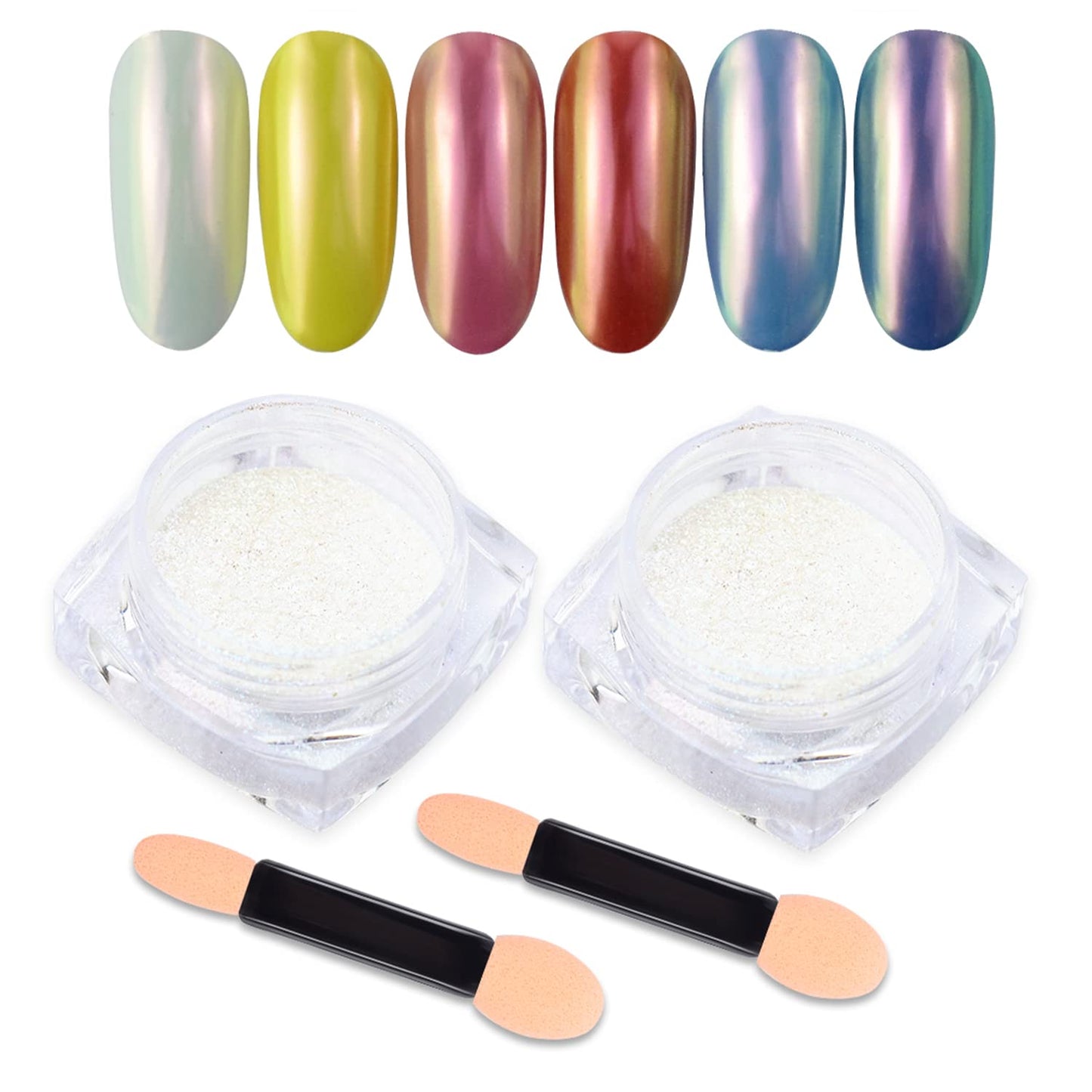 Mermaid Chrome Nail Powder, 2 Jars Neon Iridescent Chrome Powder Aurora Nail Powders Mermaid Pearl Magic Mirror Glitter Effect Pigment Powder Dust Manicure Tips with Sponge Applicators