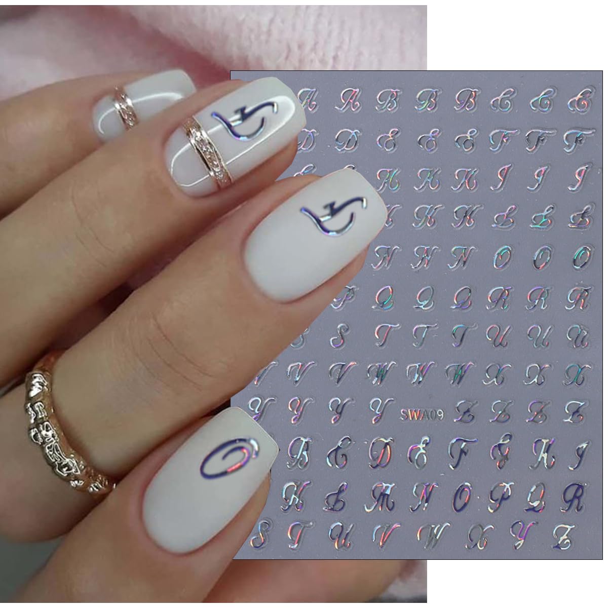 6 Sheets English Letters Nail Stickers for Nail Art Supplies 3D Self-Adhesive Gold White Laser Black Retro Letters Design Nail Art Stickers Alphabet Nail Decals for Women Nail Decoration Kit