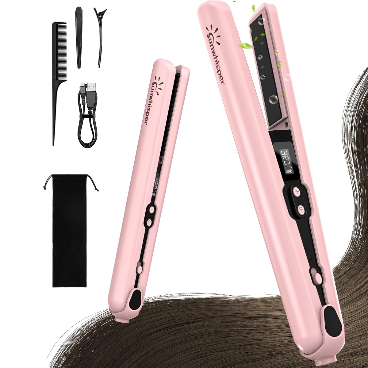 Cordless Hair Straightener for Women, Rechargeable Cordless Flat Iron with 9600mAh Battery, Portable Hair Straightener and Curler 2 in 1 for Car, 20 Million Negative Ions, LCD, 6 Adjustable Temp(Pink)