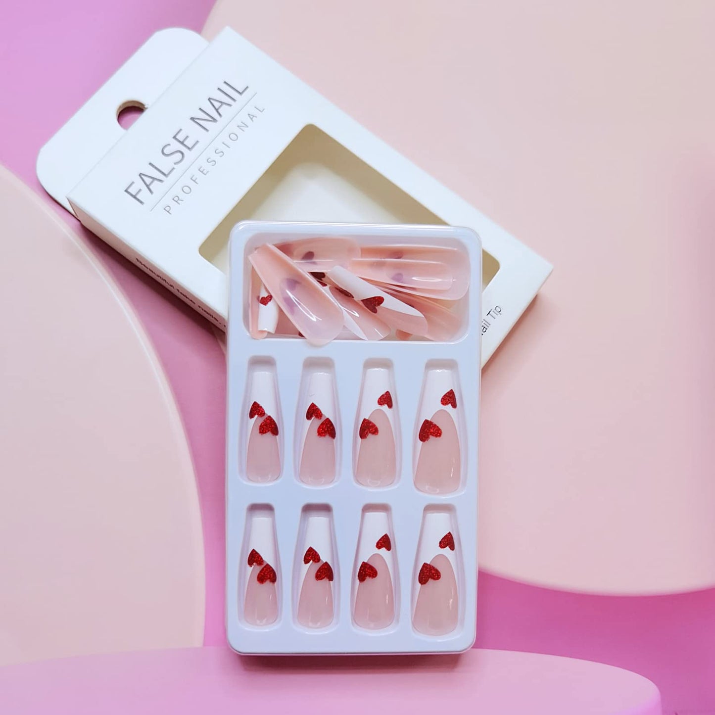 24 Pcs French Tip Press on Nails with Heart Designs Long Square Shape Fake Nails Valentines Glossy Ballerina Full Cover Glue on Nails, Acrylic Reusable Press on False Nails for Women and Girls