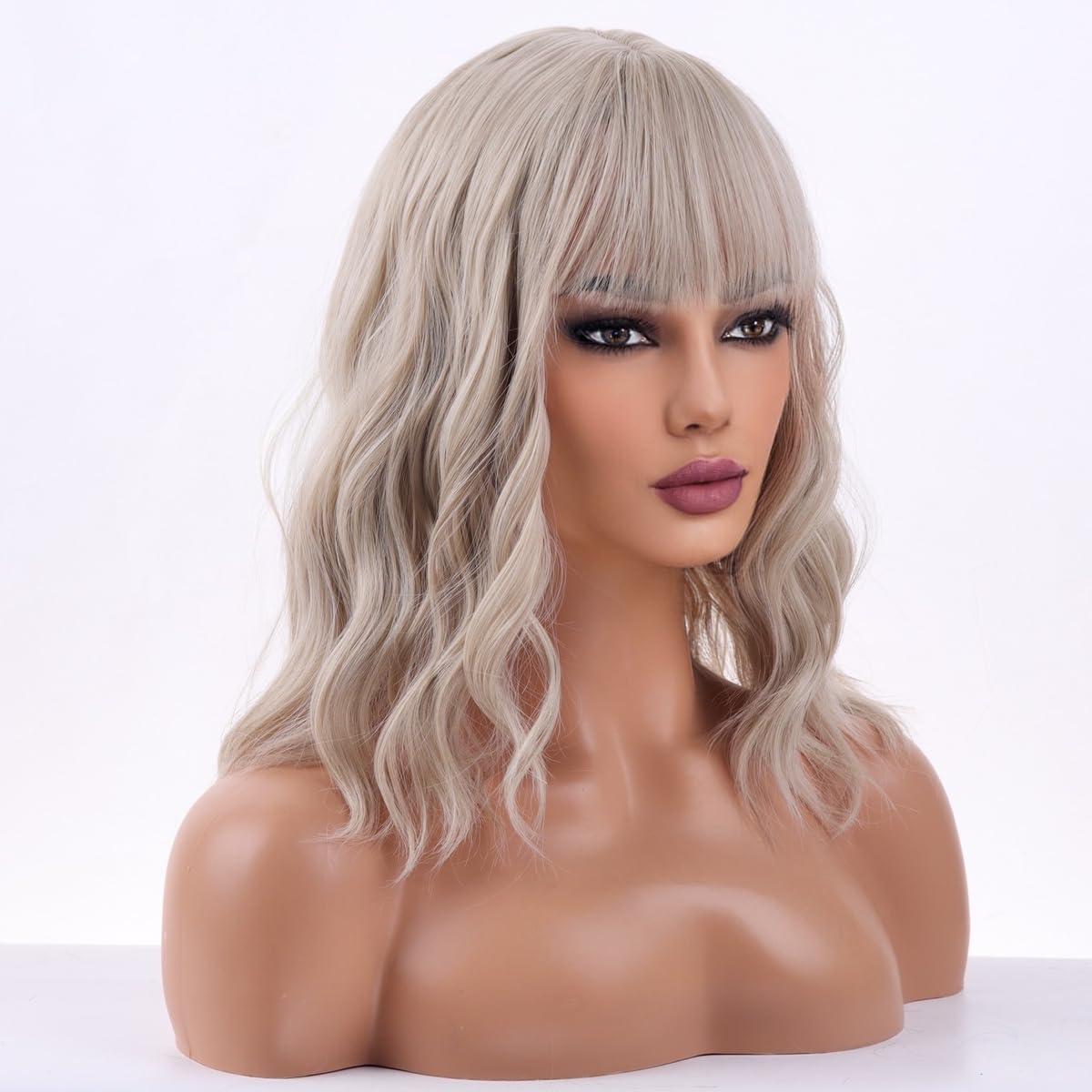 WTHCOS Brown Wig with Bangs Short Brown Wig for Women Black Mix Brown Wig Short Curly Wavy Brown Bob Wig Synthetic Wig for Daily Party Wig Cap Include