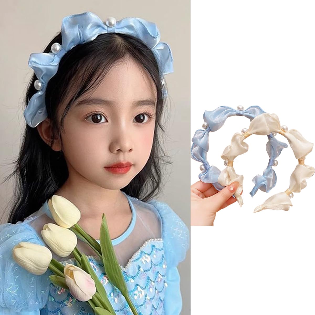 Xiaocao8 2pcs Girls Headbands, Kids Imitation Pearl Headbands for Girls, Cute No Slip Hairbands for Kids Girls, Toddler Baby Head Bands, Children Hair Accessories(blue beige, about 10.5-11cm)