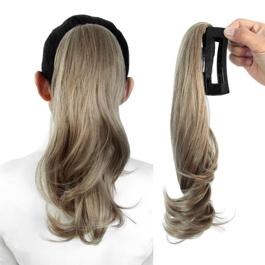 CISINPO Ponytail Extensions 16 Inches, Short Claw Clip Ponytail Extension 16", Mixed Color Wavy Ponytail Hairpiece