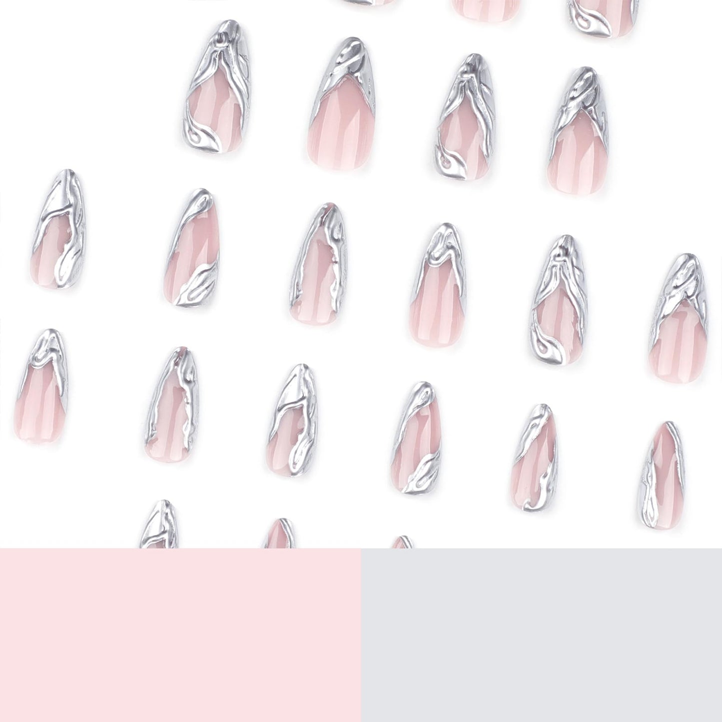 MISUD Press on Nails Medium Almond Fake Nails Glossy Glue on Nails 3D Silver Chrome Acrylic Nails Stiletto Artificial Nails French Tip Stick on False Nails with Design 24 pcs