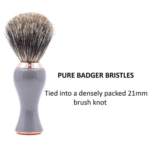 Parker 3-Band Pure Badger Shave Brush with Stand - Extra Dense Bristles - Deluxe Gray and Rose Gold Handle -Shaving Brush for Men & Women