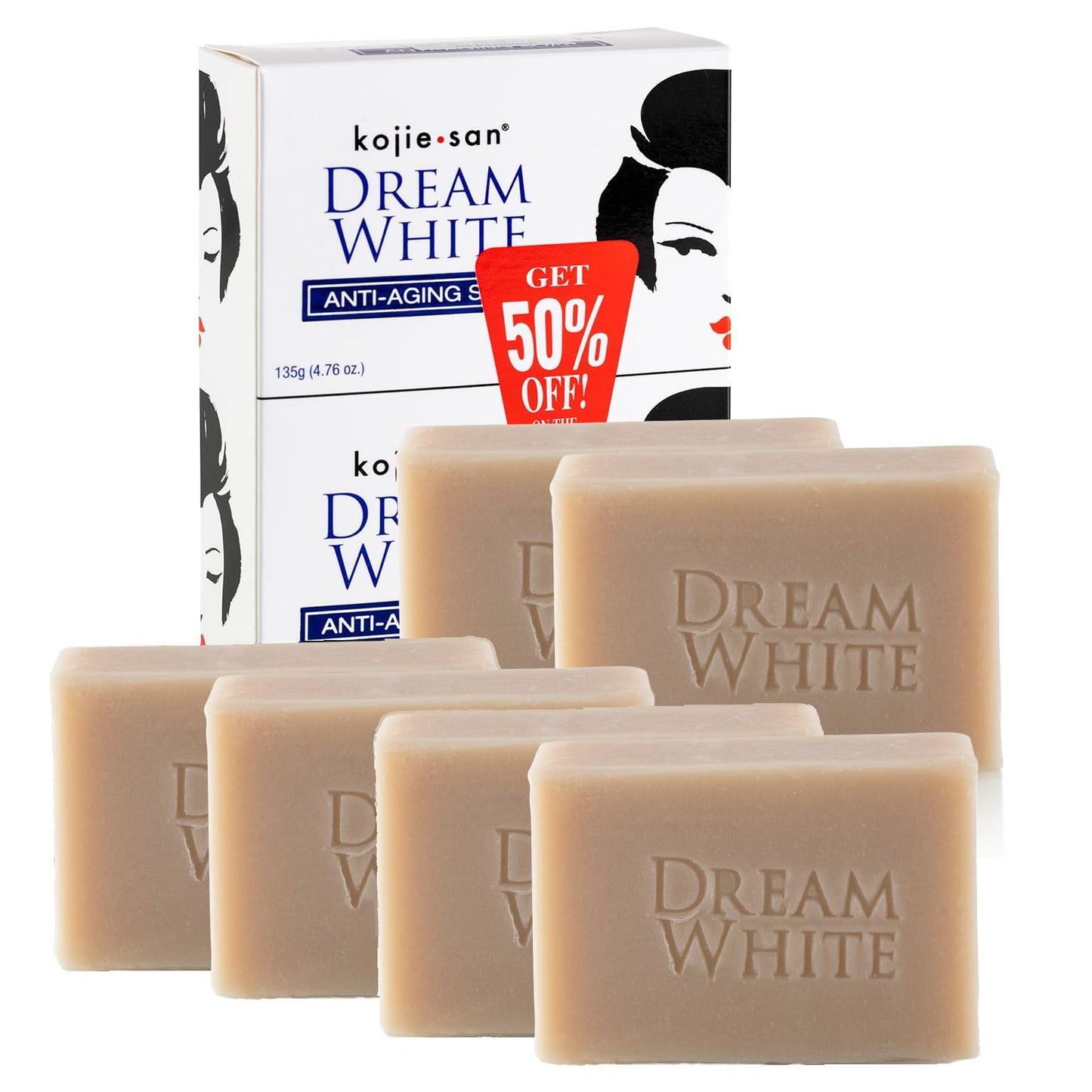 Kojie San DreamWhite Soap - Skin Brightening & Anti Aging Kojic Acid Soap that Reduces Hyperpigmentation with Collagen, Elastin & Coconut Oil - 135g x 6 Bars