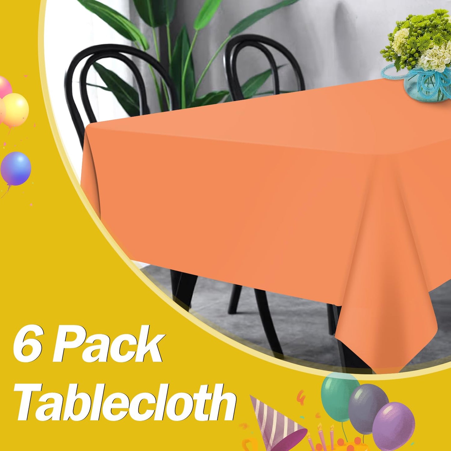 tujol Orange 6 Pack Plastic Table Cloth 54" x 108", Disposable Tablecloths Rectangle Table Cover, Plastic Table Cloths for Parties