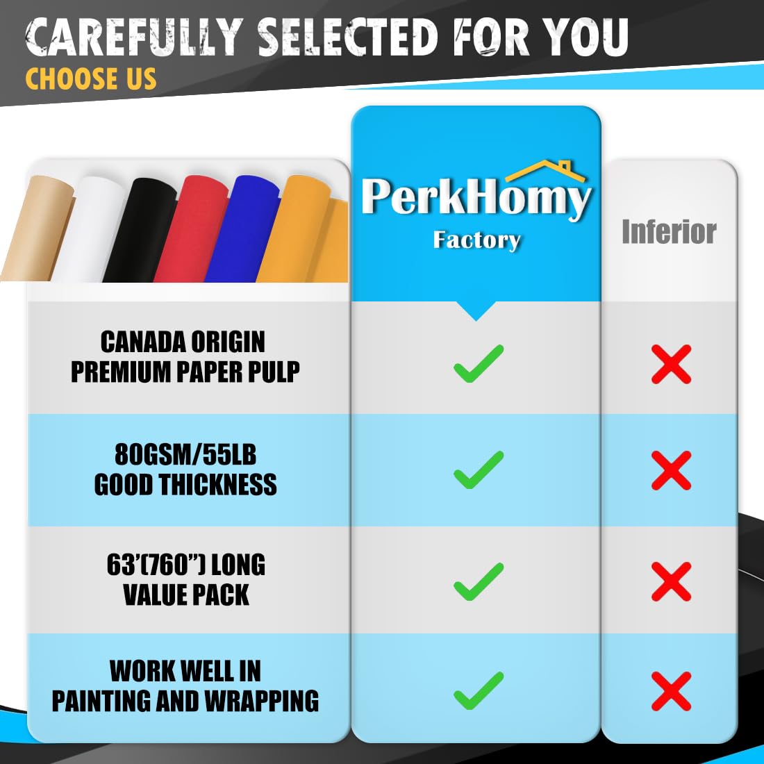 PerkHomy Black Kraft Paper Roll 17.5" x 760" (63') for Gift Wrapping Bouquet Flower Kids Art Painting Craft Writing Packaging Shipping 80GSM 55LB (Black, 17.5" x 63')