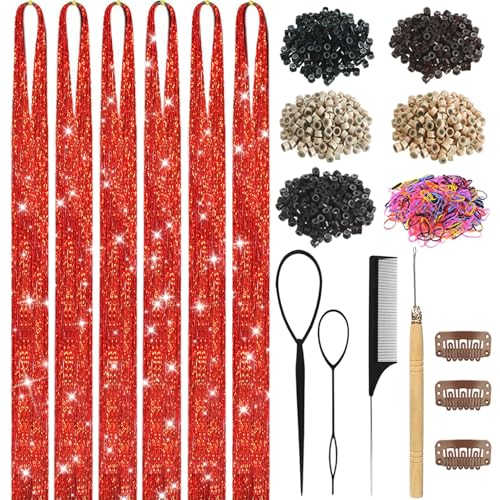 LEDIZE Red Hair Tinsel Kit for Girls & Women Fairy Glitter Extensions - N/Red