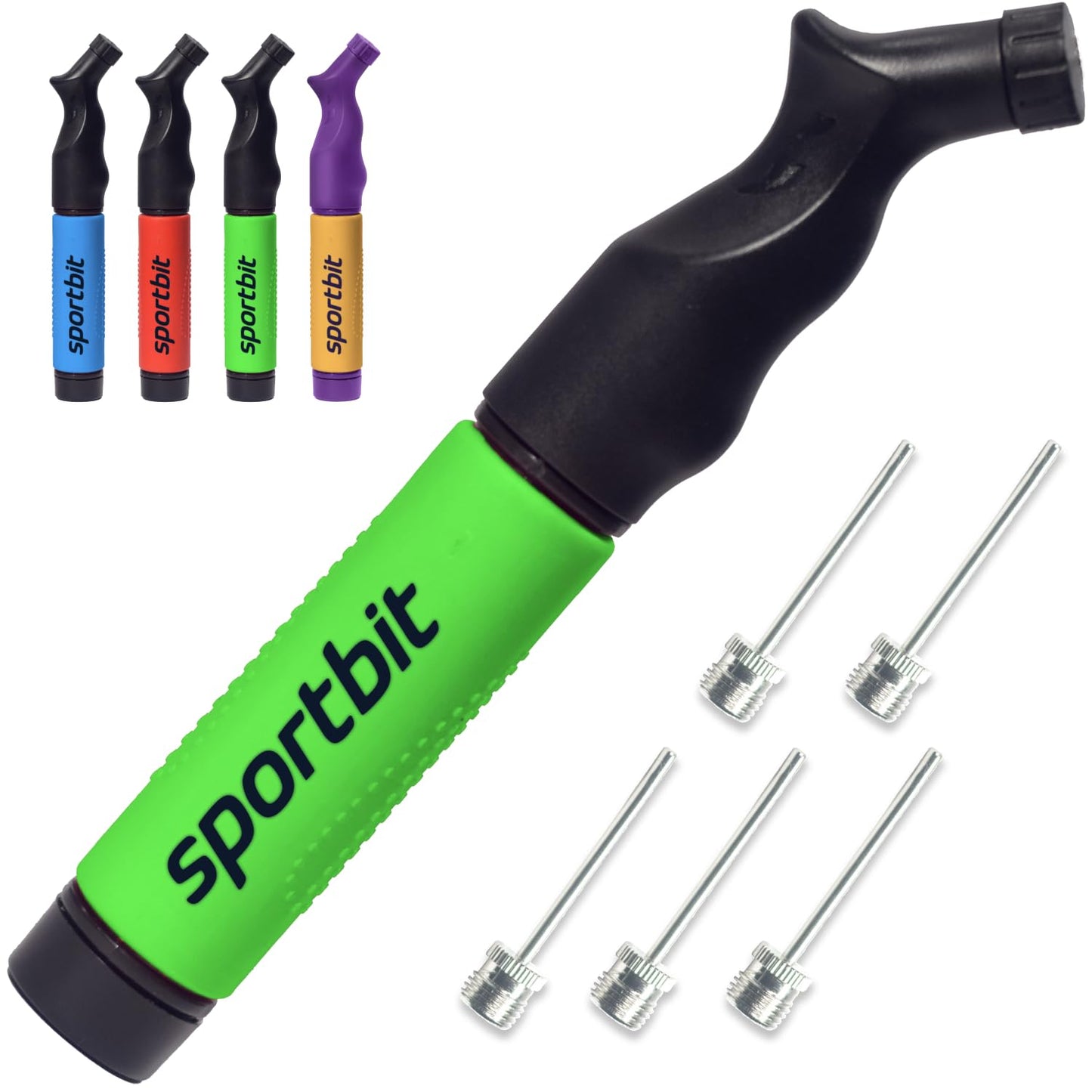 SPORTBIT Ball Pump with 5 Needles - Push & Pull Inflating System - Great for All Exercise Balls - Volleyball Pump, Basketball Inflator, Football & Soccer Ball Air Pump - Goes with Needles Set