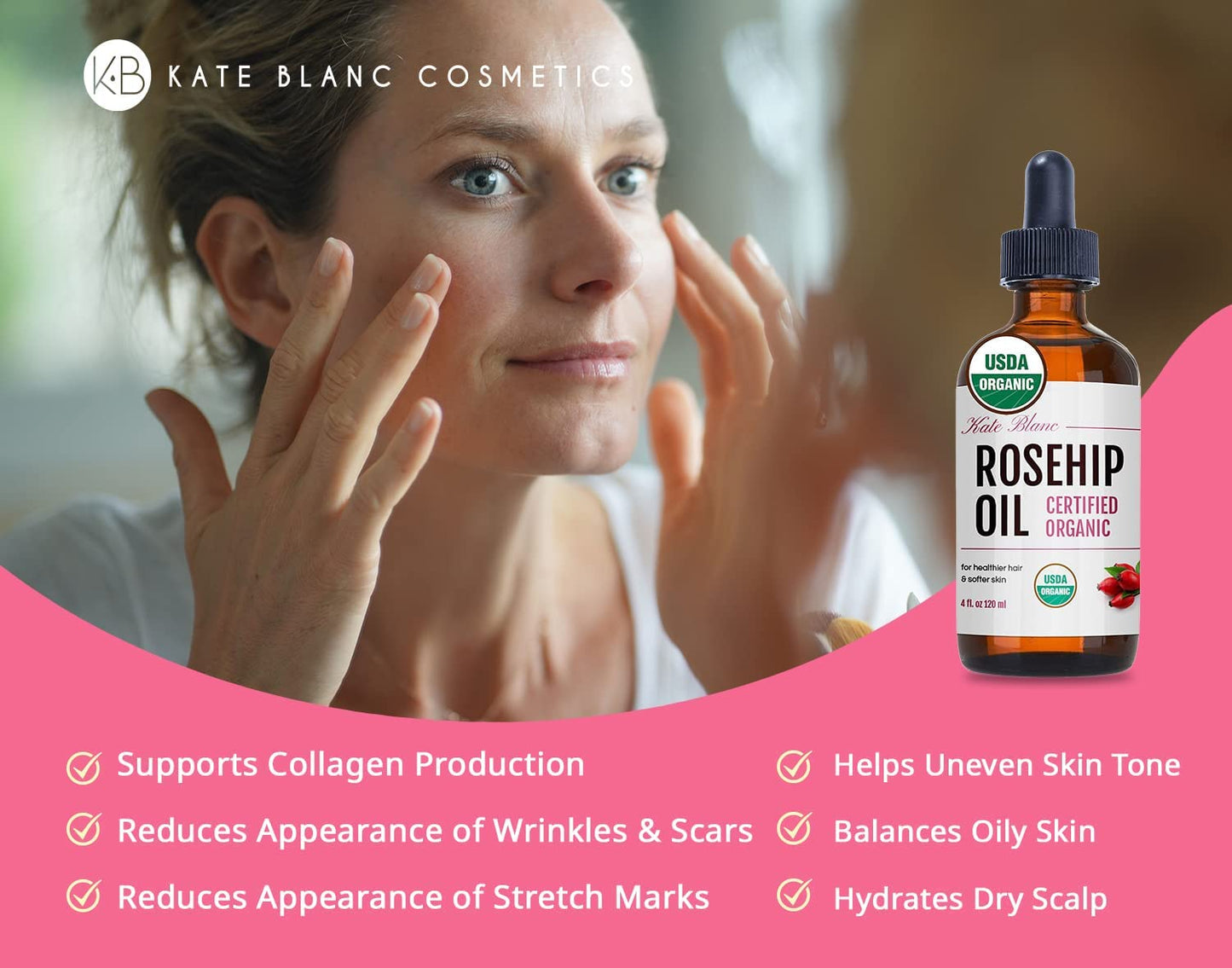 Kate Blanc Cosmetics Rosehip Oil for Face & Skin. Rosehip Seed Face Oil for Facial & Gua Sha Massage (4oz, Organic, Pure, Cold Pressed)