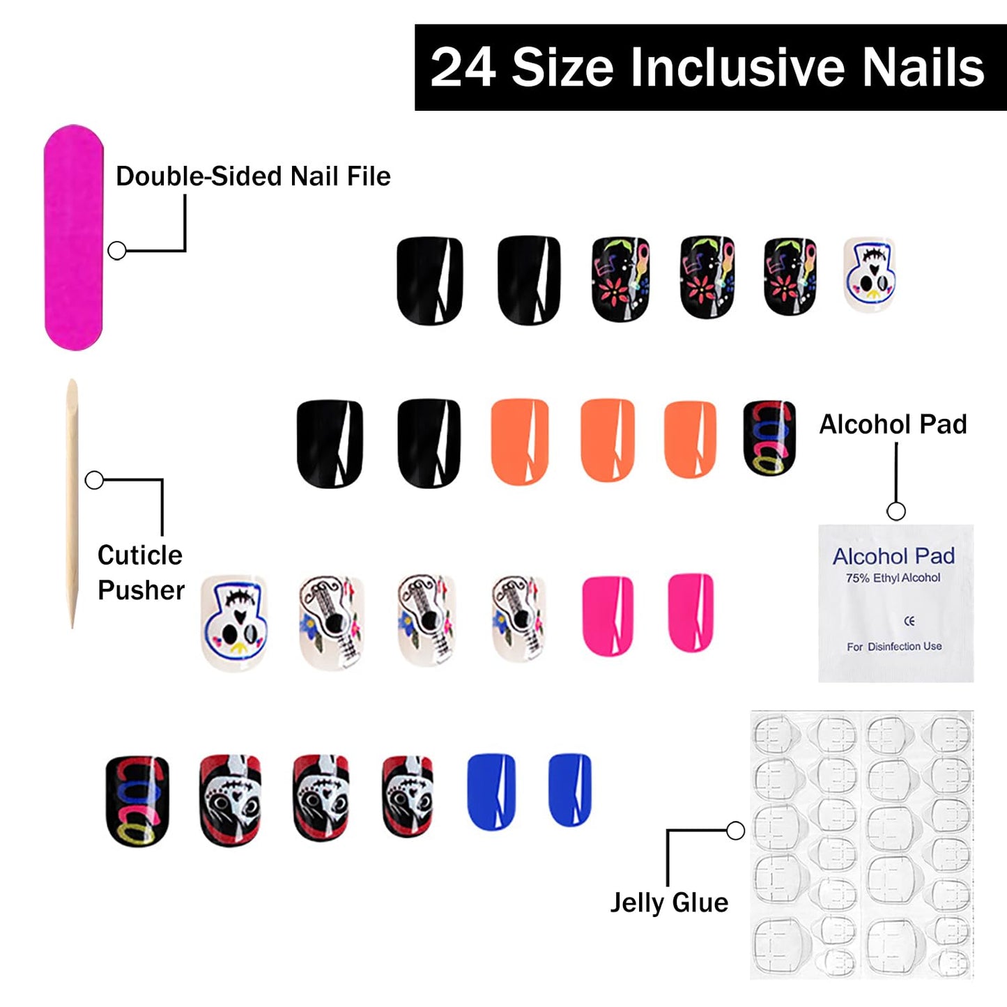 Halloween Press on Nails Short Square Fake Nails Devil Girls Sugar Skull False Nails with Designs Full Cover Fall Acrylic Nails Halloween Glossy Glue on Nails Manicure Artificial Nails for Women Girls