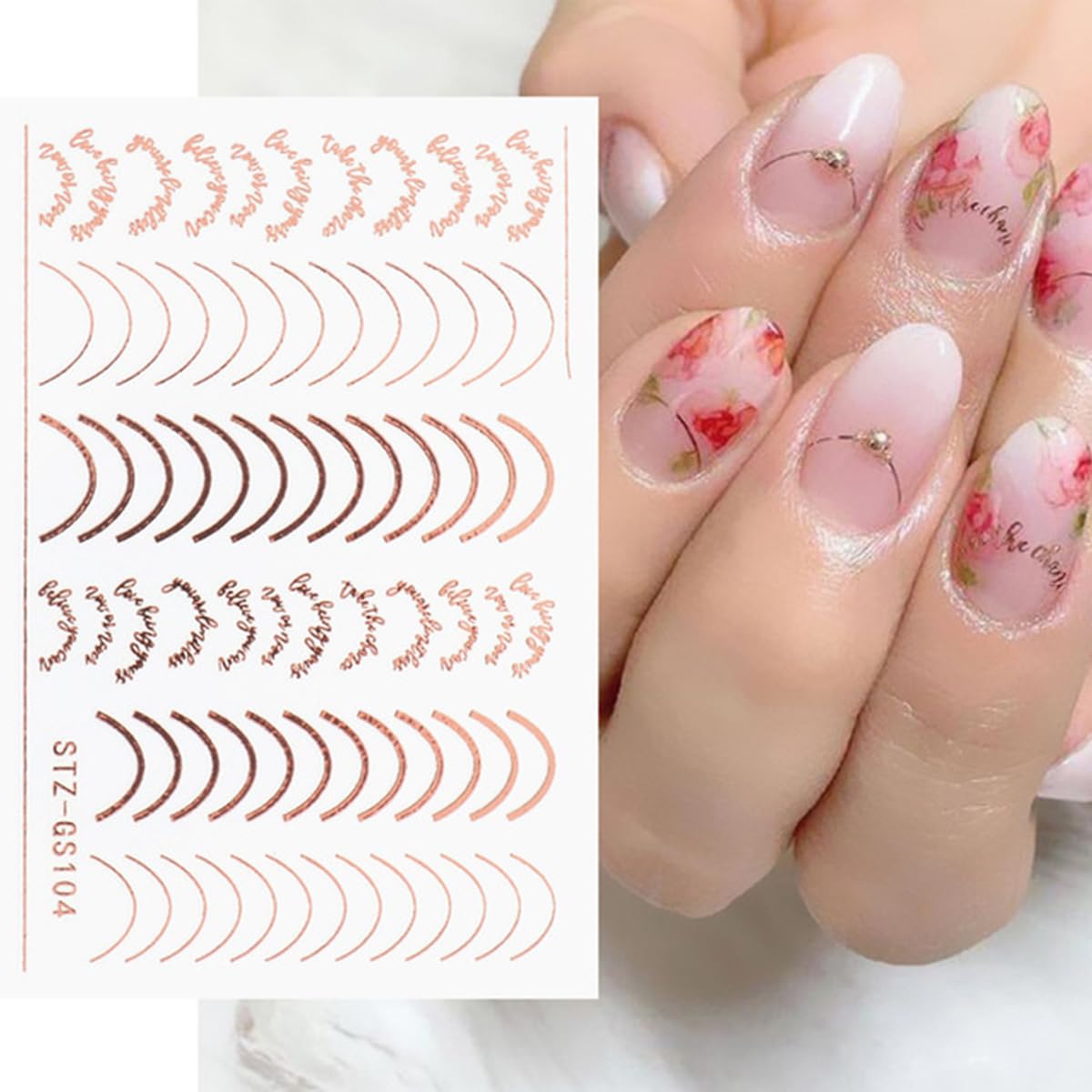 French Tip Nail Stickers for Nail Art Gold Line Nail Art Stickers 3D Self-Adhesive Rose Gold Silver Letter Nail Decals for Women Nail Design Decoration Accessories 6 Sheets