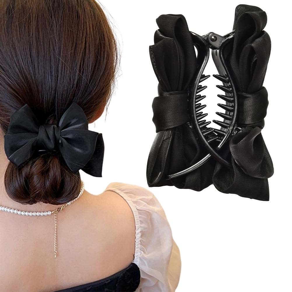 Black Hair Accessories: Silky Satin Banana Hair Clips, Ponytail Holders, Claw Clips, Bun Decorations with Large Bow Knot Barrettes for Women and Girls