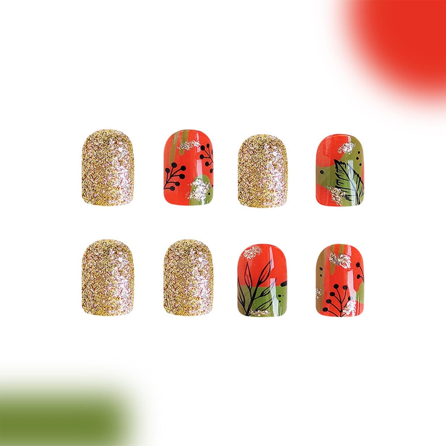 Press on Nails Short Square Fake Nails with Leaves & Glitter Designs Glod Glitter False Nails Press ons Glossy Glue on Nails Fall Stick on Nails for Women 24 Pcs