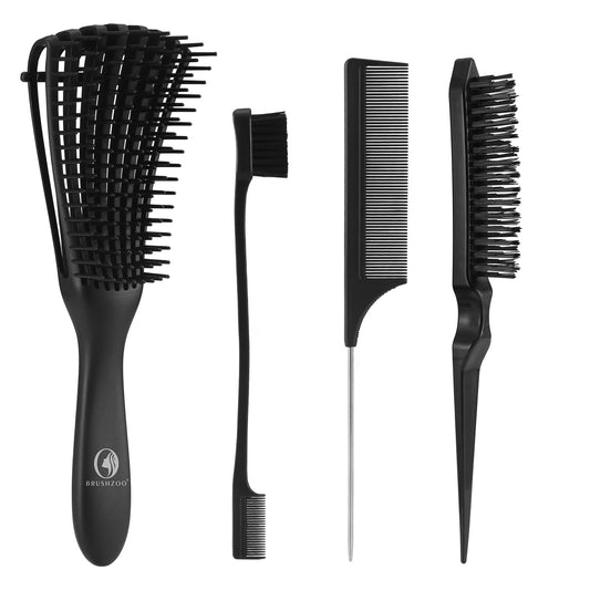 BRUSHZOO Hair Styling Set: Detangling Brushes for Curly Hair with Teasing Brush, Rat Tail Comb, and Edge Brush for Women, Men, and Kids (Black)