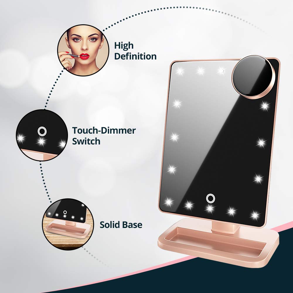 Lighted Makeup Mirror, Vanity Mirror with Bluetooth, 360° Rotation, Adjustable Brightness, Touch Screen, Detachable 10X Magnification Spot Mirror, Rechargeable by Beautify Beauties