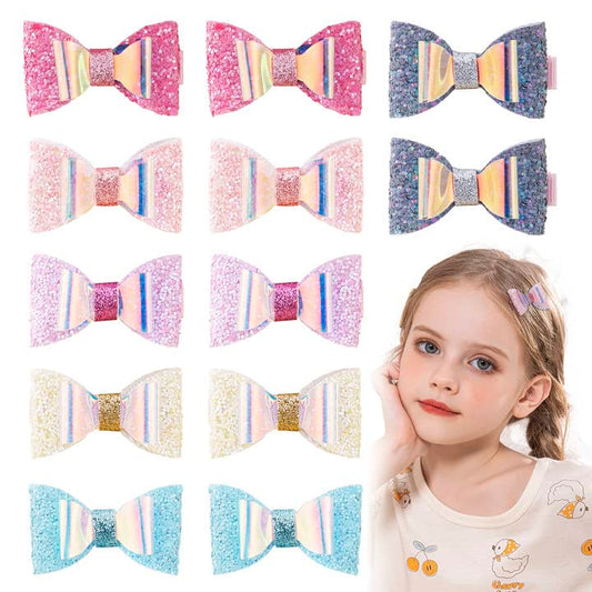 12PCS Glitter Girls Hair Bows,2 Inch Sequin Bow Alligator Clips, Small Sparkle Bow Hair Barrettes,Boutique Colorful Bow Hairpins for Kids Teens Toddlers Thick Thin Curly Hair, Hair Accessories for