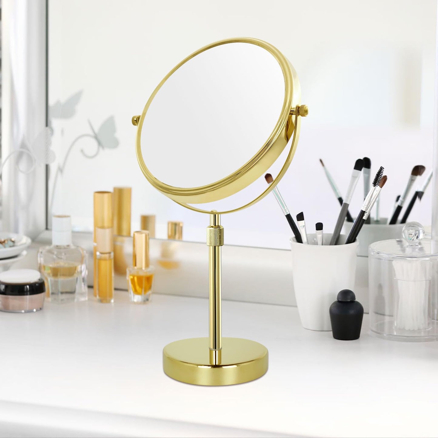 Nicesail Table Mirror 1X 10X Magnifying Mirror Double Sided, Vanity Makeup Mirror 360 Rotation 8 Inch Desk Mirror, Shiny Gold