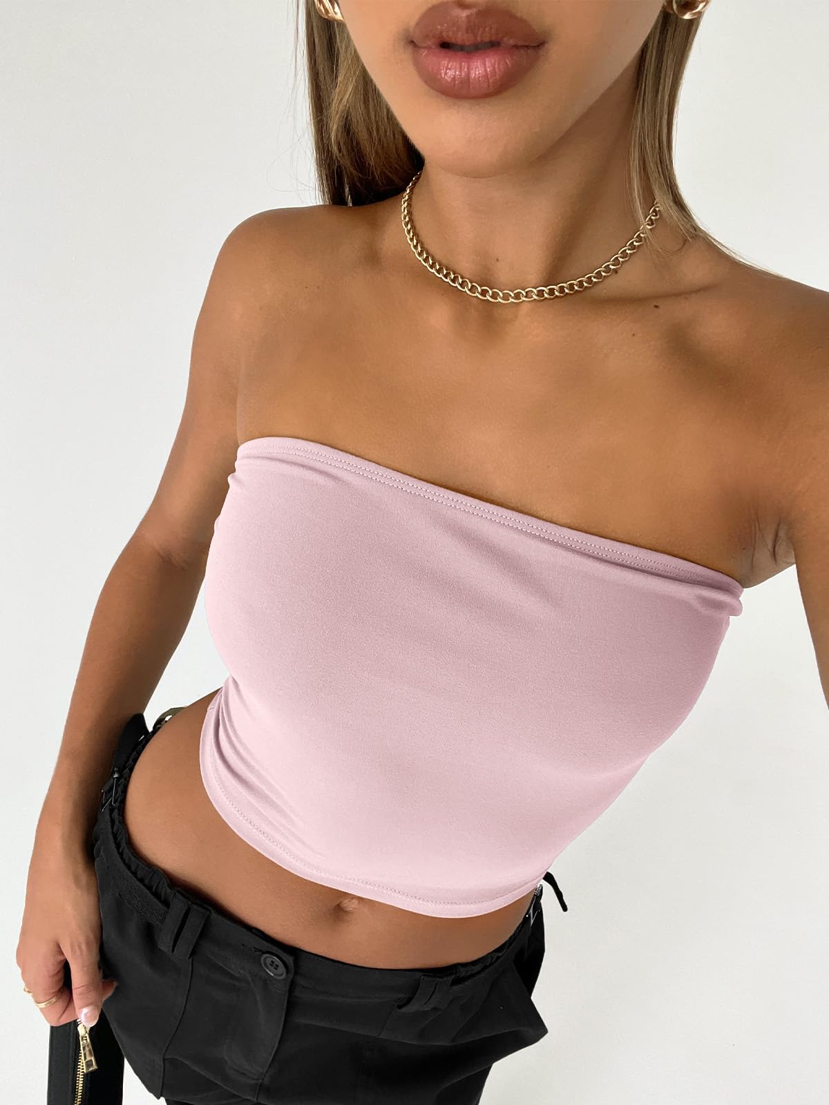 Trendy Queen Crop Tops for Women Bandeau Strapless Summer Vacation Outfits 2024 Sexy Tube Going Out Tops Basic Backless Cute Sleeveless Slim Fit Teen Girls Clothes Pink