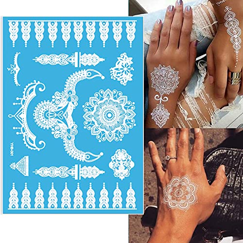 White Henna Temporary Tattoos - 6 Sheets Lace Mandala Flower Body Art