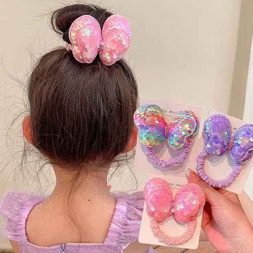 Lemeilleur 14 Pcs Sequined Butterfly Hair Ties Bow Hair Ties Elastic Rubber Bands Hair Scrunchies for Toddlers Girls Rainbow Sequin Sparkle Ponytail Holders Hair Accessories