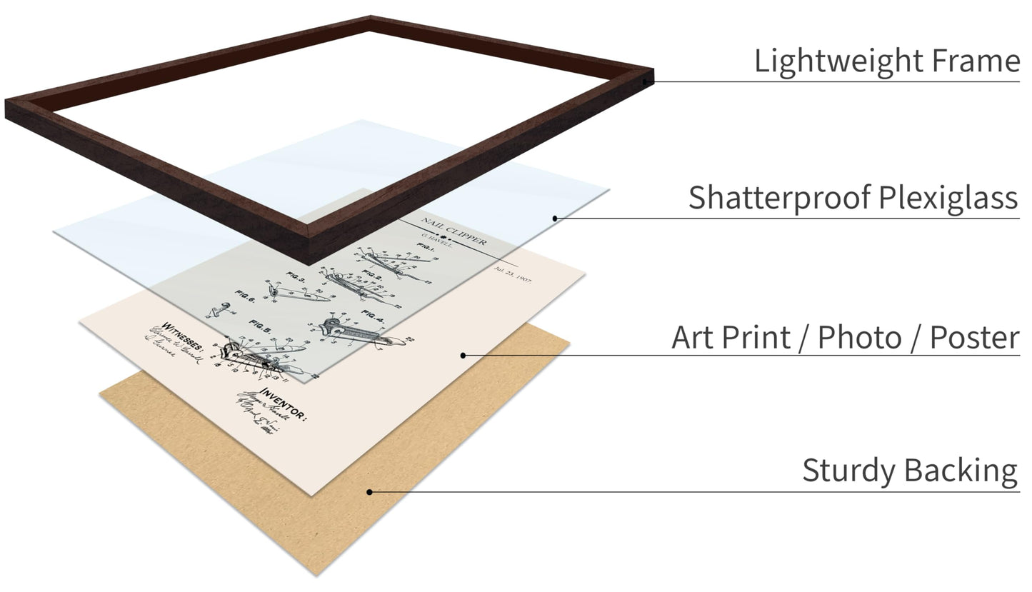 Poster Master 4-Piece Nail Clipper Blueprint Poster - Nail Polish Protector Patent Print - Polish Applicator Art - Dryer Art - Salon Art - Technical Drawing Art - Salon Decor, 8x10 Brown Framed