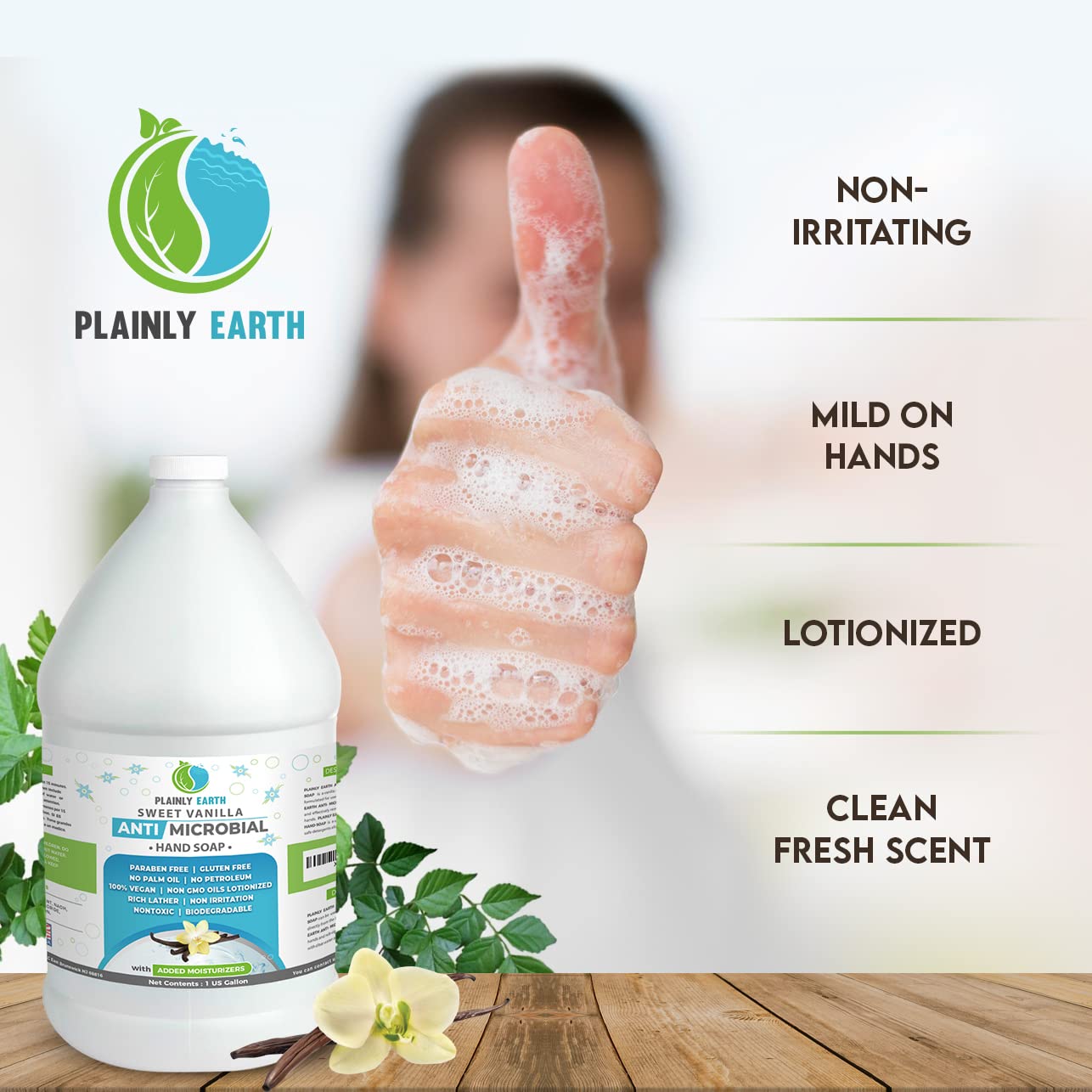 Plainly Earth AntiMicrobial Hand Soap - Antibacterial Hand Soap Moisturizing - Liquid Hand Soap Refill Antibacterial Gallon - Moisturizing Hand Soap Antibacterial - Gentle Hand Soap - 1 US Gallon